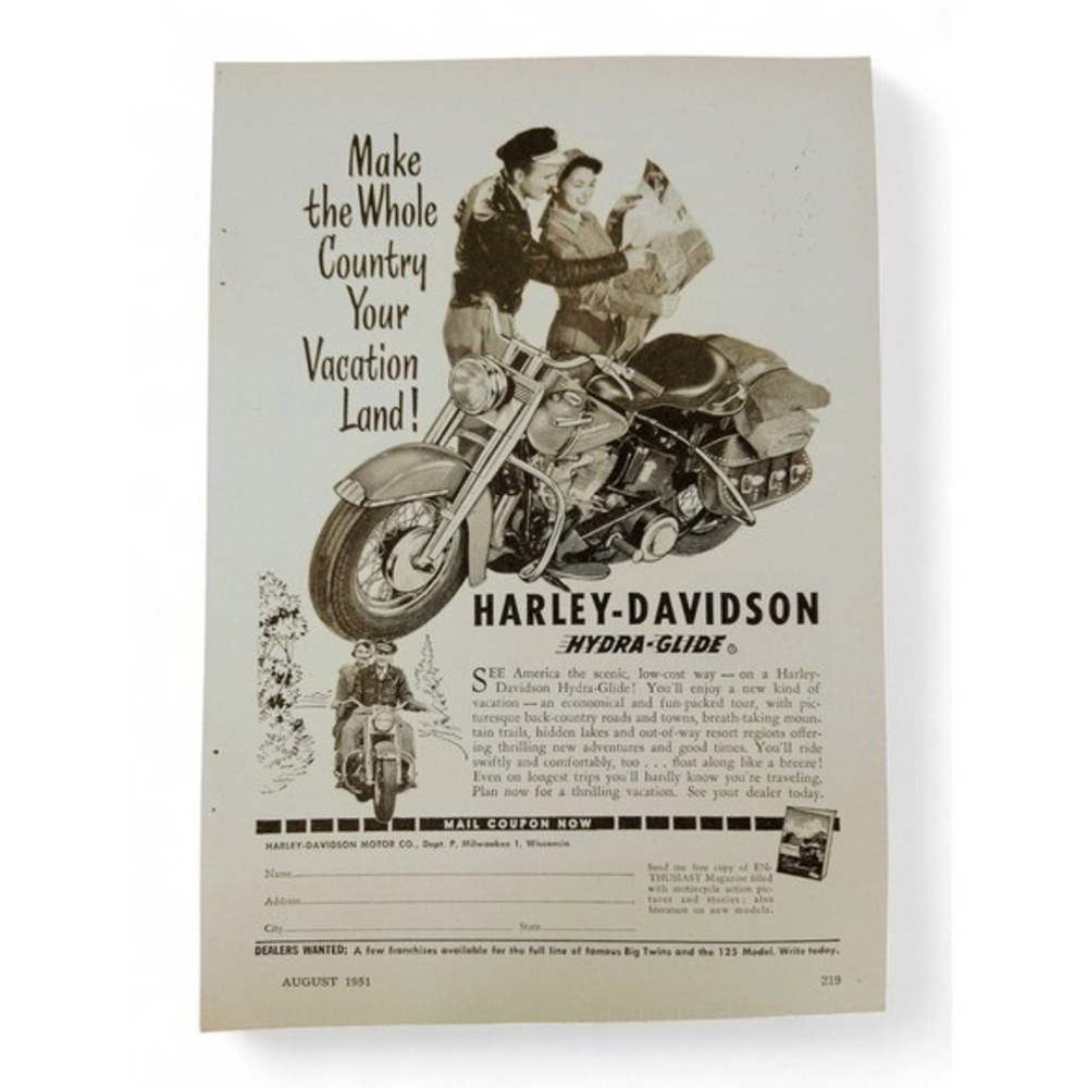 1951 Harley-Davidson Hydra-Glide Print Ad Motorcycle Vacation Tour Couple Scenic